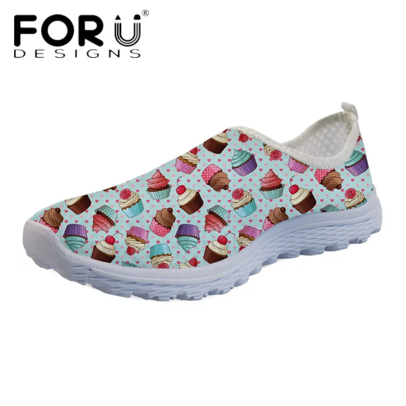 

FORUDESIGNS Casual Girls Beach Water Shoes Cake Decorator Cupcake 3D Printing Women Light Mesh Flat Shoes Slip-on Walking Flats