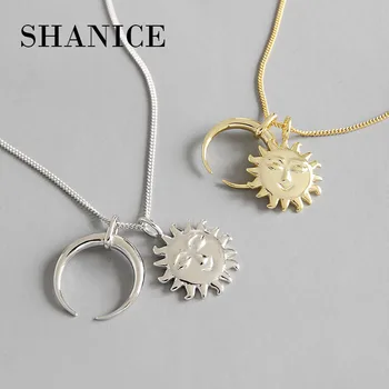 

SHANICE Pure 925 Sterling Silver Necklace Personality creativity personality Moon And Sun Statement Pendant Women Silver Chain