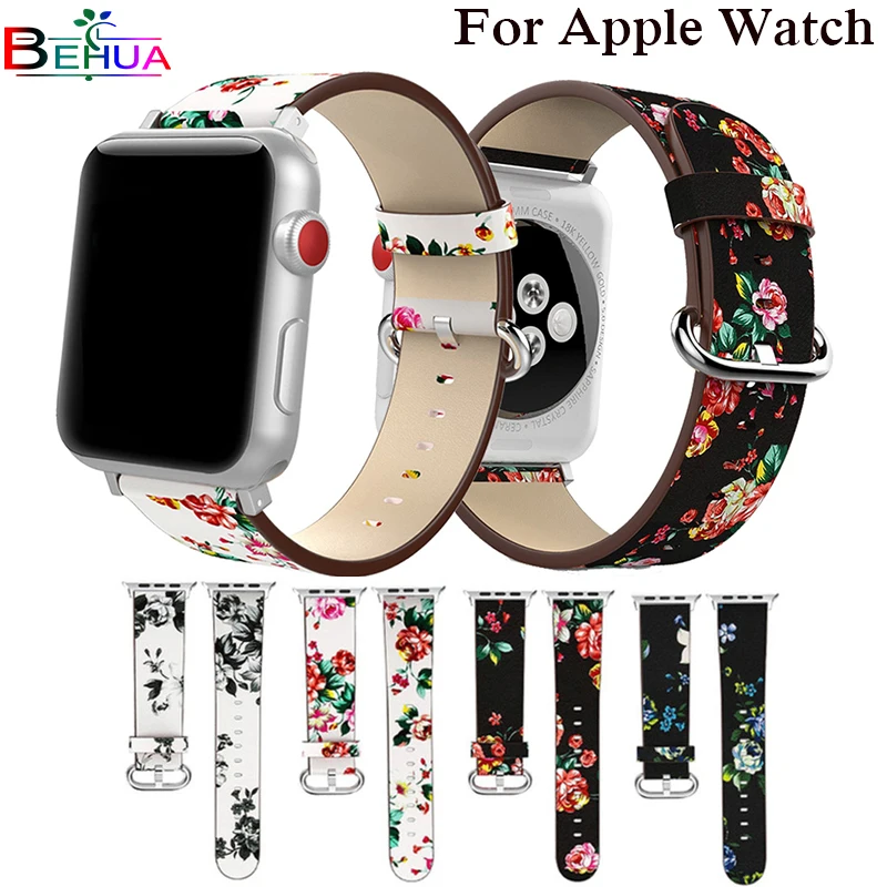 

British Rural Floral Leather Wrist Strap for Apple Watch Band Flower Bracelet for iWatch Vintage Watchband 38mm 42mm Wristband
