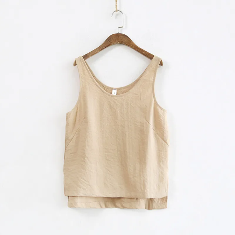 Beige Johnature, новинка, стильный Повседневный хлопковый короткий топ без рукавов, 5 цветов, женские майки, летние модные однотонные женские майки - Цвет: Beige