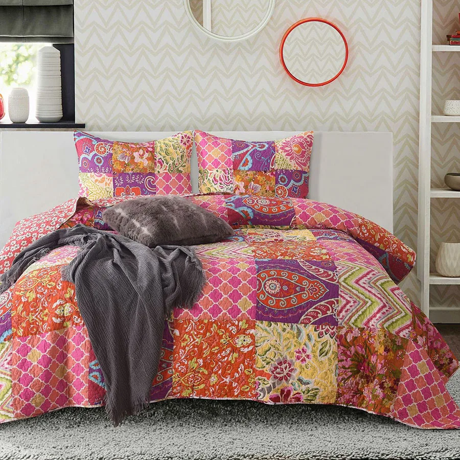 

Quality Cotton Patchwork Bedspread Quilt Set 3pcs Coverlet bedding Korea Print Quilts Aircondition Bed Cover King Size Blanket