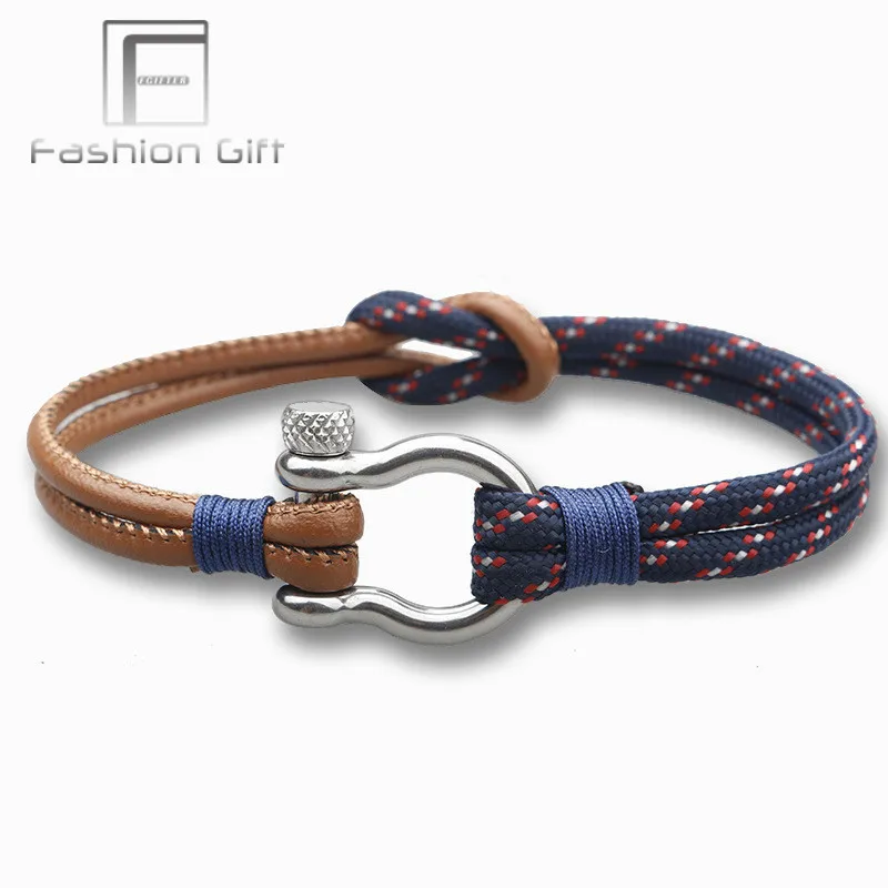 

Fashion Men Leather Bracelets of Survival Stainless Steel Clasp Sport Climbing Rope Bracelet Handmade Jewelry