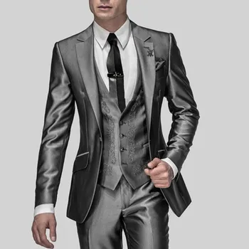 Ceny Gorąca Sprzedaż Slim Fit Smokingi Dla Pana Młodego Błyszczące Szare Męskie Garnitury Dla Drużby Wycięcie Klapy Groomsman Męskie Garnitury ślubne Oblubieniec (kurtka + Spodnie + Kamizelka)