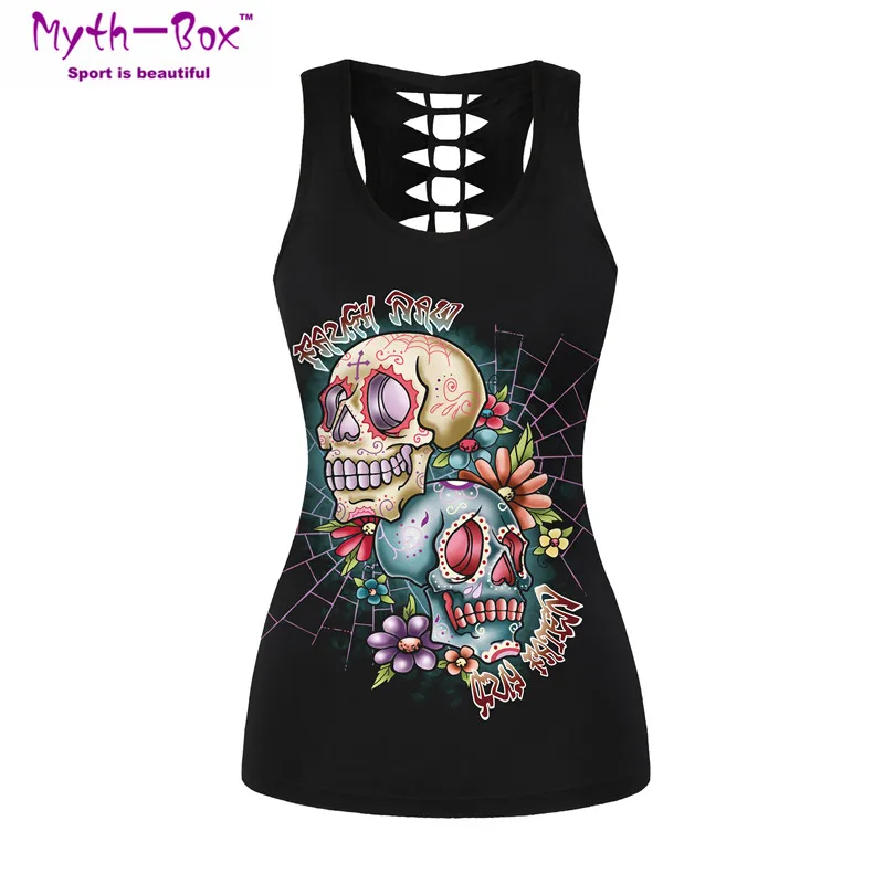 

Women Sport Vest Skull 3D Print Floral Yoga Shirts Quick Dry Tee Running Fitness T-shirt Hollow Out Tank Tops Gym Workout Blouse