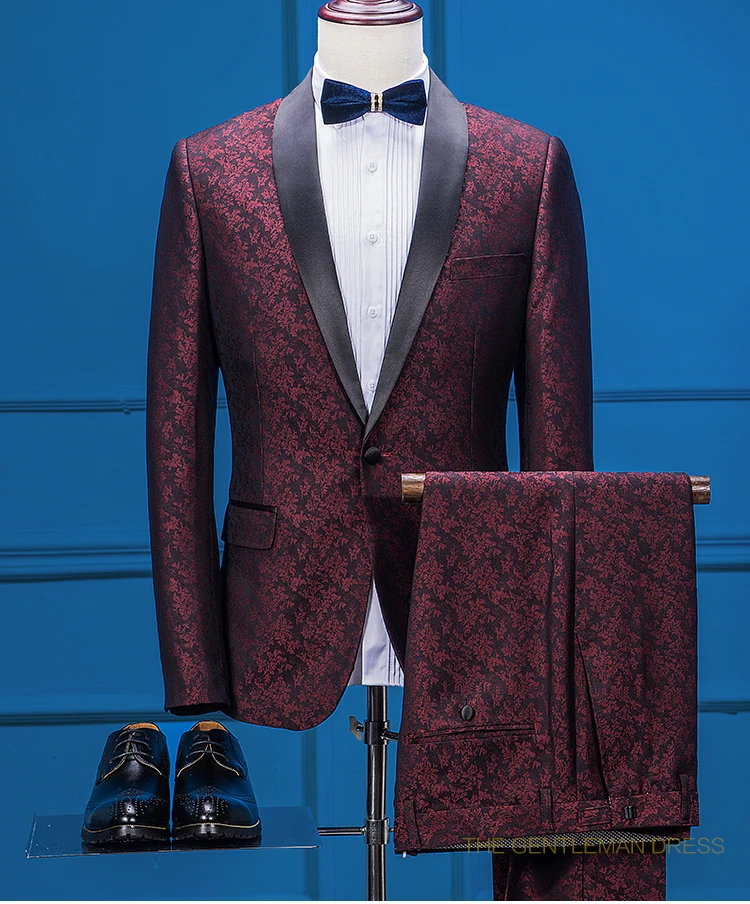 10226 Dernières Manteau Pantalon Conceptions Bordeaux Motif Châle Revers Costumes De Mariage Formels Pour Homme Personnalisé Slim Fit 2 Pièce Terno