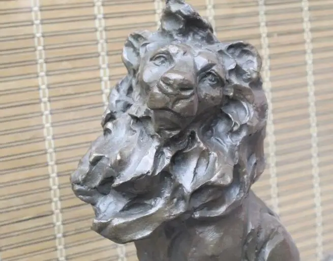 

S2220 15" Western ART Bronze Marble maneating Statue long fur lion king statue discount 30% (C0324)