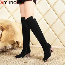 Smirnova/ г. Модные осенне-зимние сапоги до колена женские сапоги на толстом высоком каблуке с круглым носком женские замшевые сапоги на выпускной