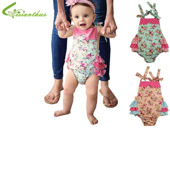 

Ruffled Baby Girl Sunsuit Rompers Flower Baby Girls Clothing Set Kids Jumpsuit Cotton Chevron Rompers Photo Props with headband