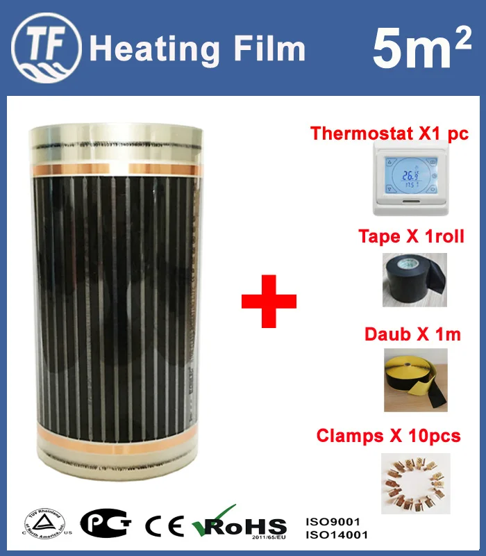 5m2 Электрический теплый пол пленка 50 см* 10 м с зажимами изоляции Daub и черный изоляционный кран - Цвет: With 16A E91