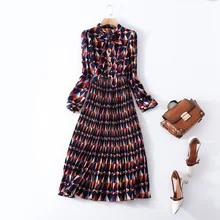 Print pleated long sleeve a-line dress