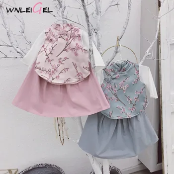 

2PCS WLG girls spring Chinese style clothing set kids girl floral shirt and skirt set baby blue pink clothes