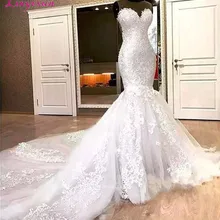 Precioso sirena encaje apliques para vestidos De bodas cuentas largo capilla tren transparente cuello 2018 Vestido De novia para mujer Vestido De novia