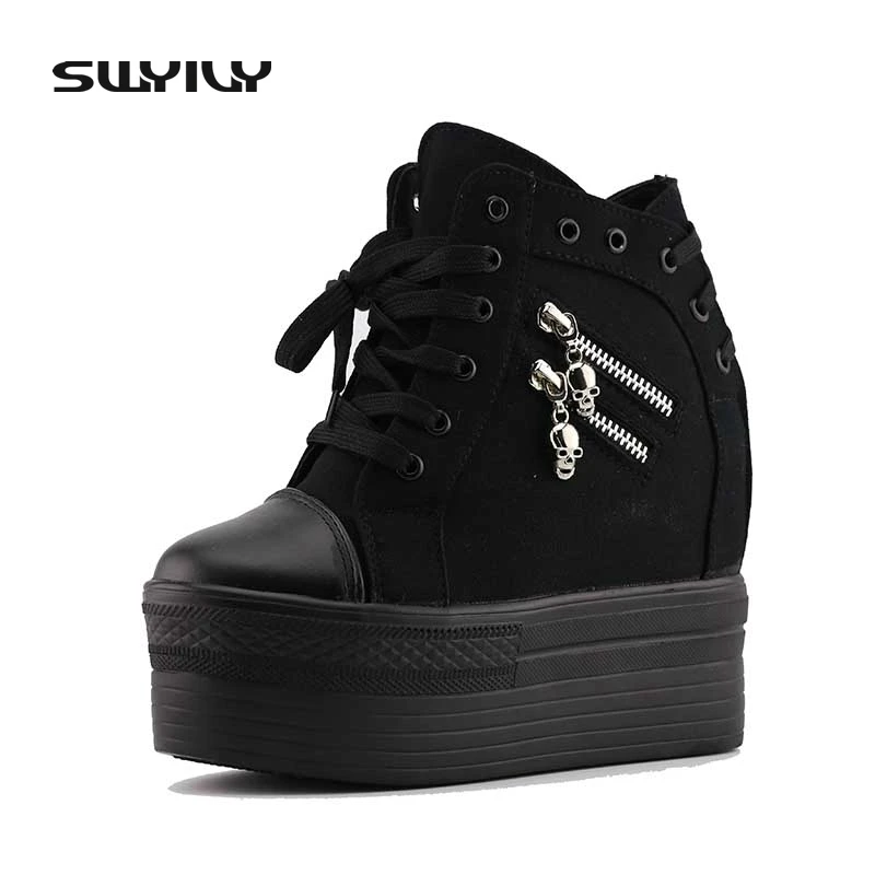 SWYIVY 10cm Women Sneakers Thick Bottom Denim Wedge Female Canvas Shoes Women Sneakers Platform Beatherable Casual Shoes White
