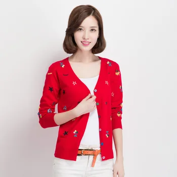 

New Spring & Autumn Ladies Embroidery Knitwear V-Neck Long Sleeve Embroidery Knit Cardigan