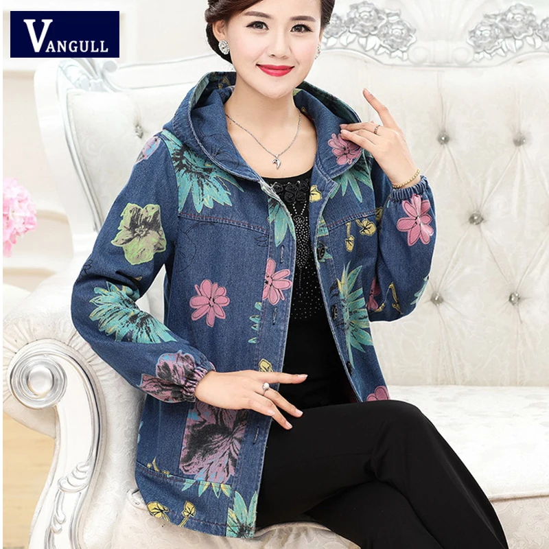 

Autumn Winter Print Women Denim Jacket Hooded Thick Jean Coat Fashion Middle age Mother Clothing Large Size Loose Outerwear