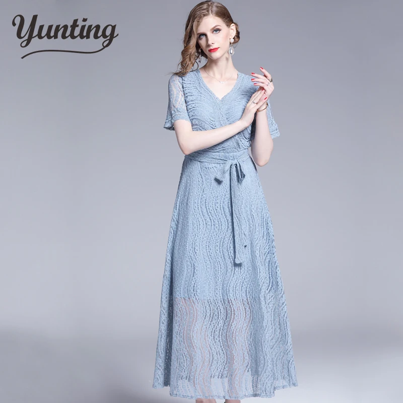 

V- Neck Long A-line Dress Women Elegant Hollow Out Lace Dresses Pink Blue OL Special Occasion Party Vestidos Plus Size