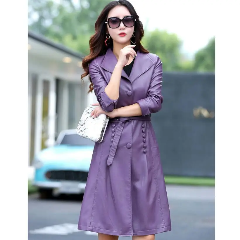 Nouveau 2018 Vent Dame Noir lavande Cuir Long Costume De Collier Femmes Automne Tranchée Slim Locomotive En Manteau breasted Mode Single Veste gris UqnW5rUxH