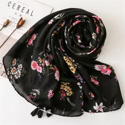 Для женщин Элитный бренд черный шарф, хиджаб для дам печати шарф платки femmeSnood мусульманских Sjaal головы обёрточная бумага одноцветное