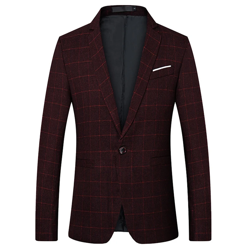

Men's Suit plaid Jackets Long Sleeve Business Casual Male Blazer wine red Jacket Slim Fit Grid Suit Coats Male Size M-5XL