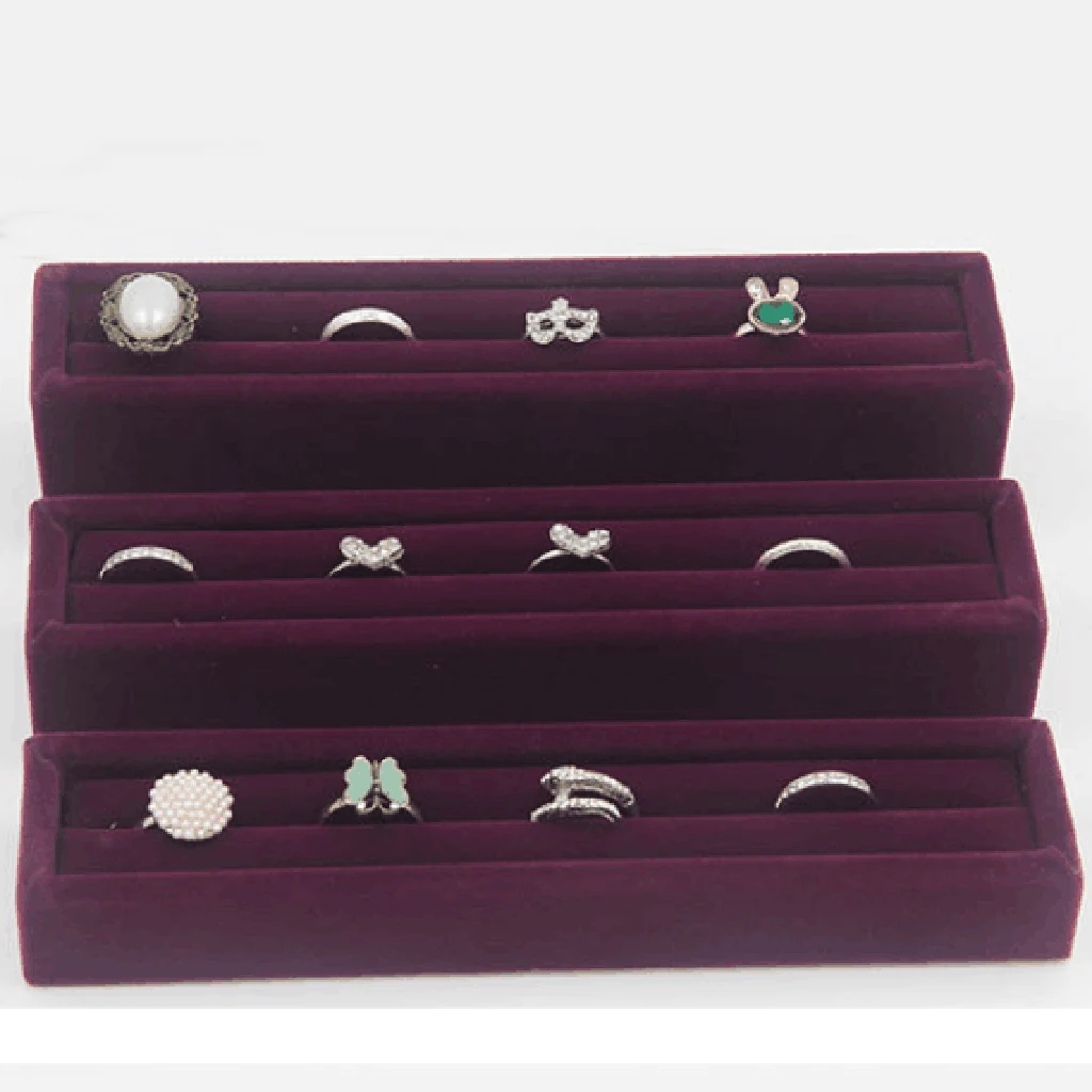 3pcs Velvet Slots Ring Trays Showcase Display Jewelry Holder Box Long Case Rings Stud Earring Cufflink Jewelry Packaging