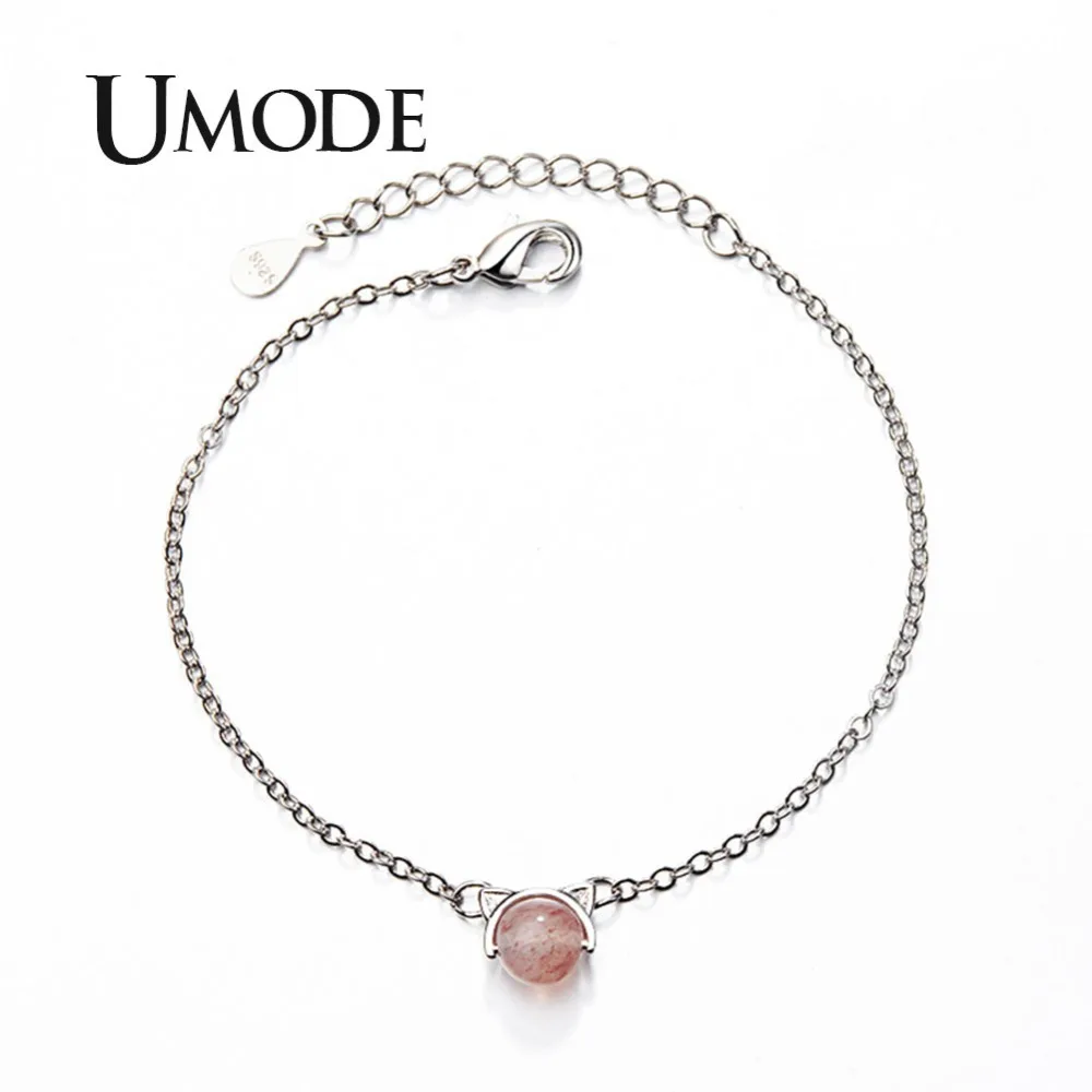 

UMODE New Fashion Strawberry Quartz Bracelets for Women Cute Cat Ear Bracelet Jewelry Accessories White Gold Link Chain AUB0144