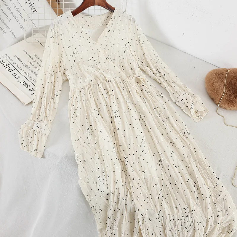 

Korean Print Chiffon Fold V Neck Long Sleeve Dress Female 2019 Spring Women Clothes Sexy Dresses Elegant Party Dress Vestidos
