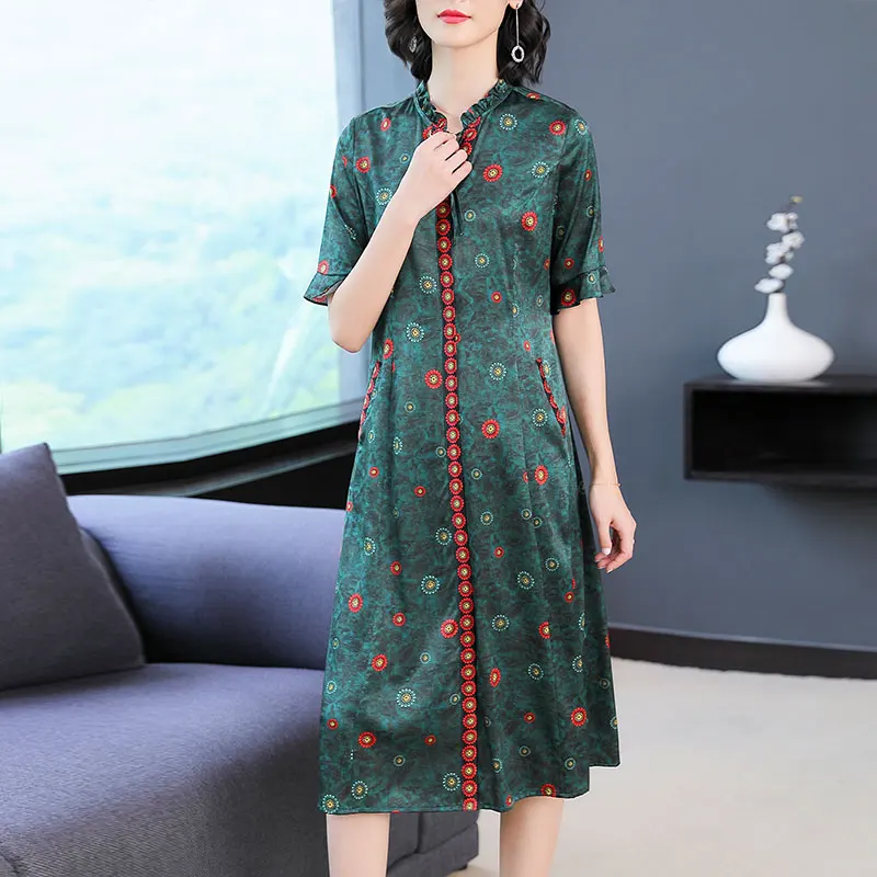 

Silk Dress Plus Size Xxxl 4xl Large for Women Green High Quality 2019 Summer Print Floral Midi Robe Dresses Party Night Clothing
