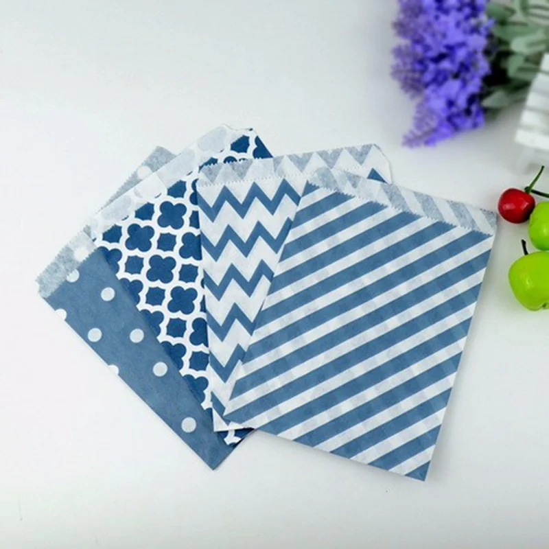 100pcs Food grade Paper Candy Bag Stripe/Dot/Twill Pattern Kids Favors Packing Gift Wedding Decoration and Birthday Party Supply - Цвет: dark blue