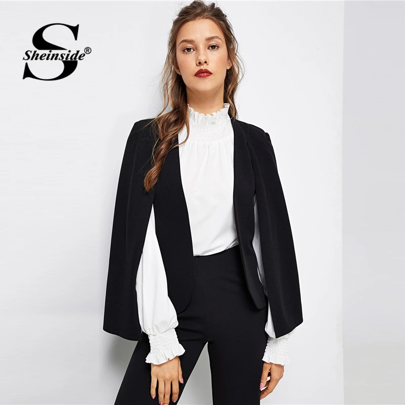 Skup Sheinside czarny V Neck rękaw dzwonek Blazer kobiety 2019 wiosna minimalistyczny zaprojektowany Blazer elegancka biurowa, damska solidna Blazers