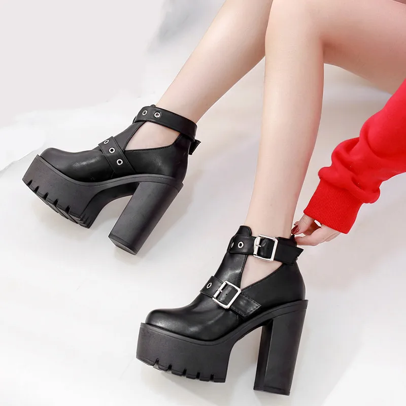

YMECHIC 2019 Autumn Date Ankle Buckle Strap Platform Heels Black Thick Platforms Block Super High Heel Pumps Gothic Punk Shoes