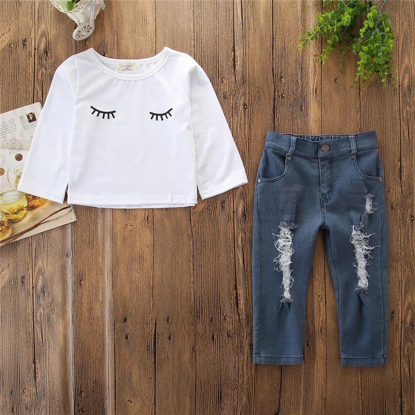 

2019 Girls Set Spring Long Sleeve Girls T shirt + Jeans 2PCS Children Set