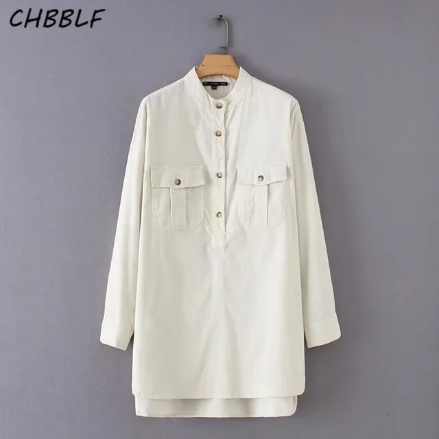 CHBBLF women white curduroy blouse pockets long sleeve loose long