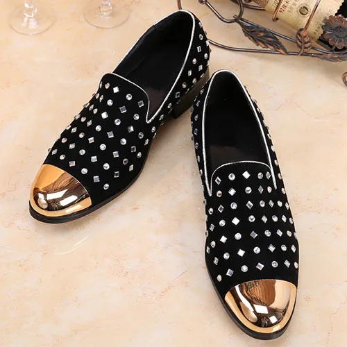 

Gold Metal Toe Studded Loafers Mens Crystal Creeper Slippers Pure Handmade Flats Lazy Men Red Bottom Dress Shoes Smoking Loafers