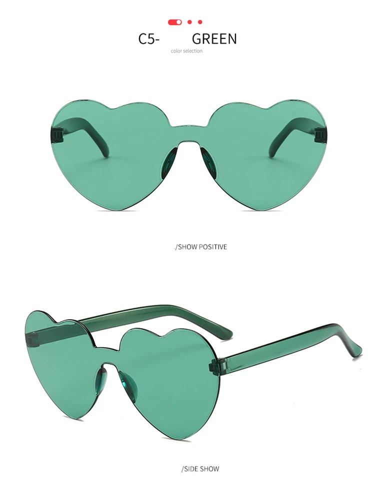 Новые модные милые сексуальные ретро солнцезащитные очки без оправы с сердечком, женские роскошные брендовые дизайнерские солнцезащитные очки, яркие цвета, UV400