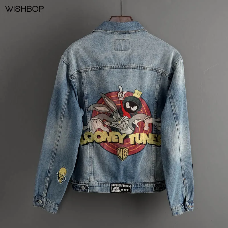 

2018 Hot Fashion Woman Retro Washed Denim Jacket Rabbit Print Letters Embroidery Front Button up Long Sleeves Jackets Pockets