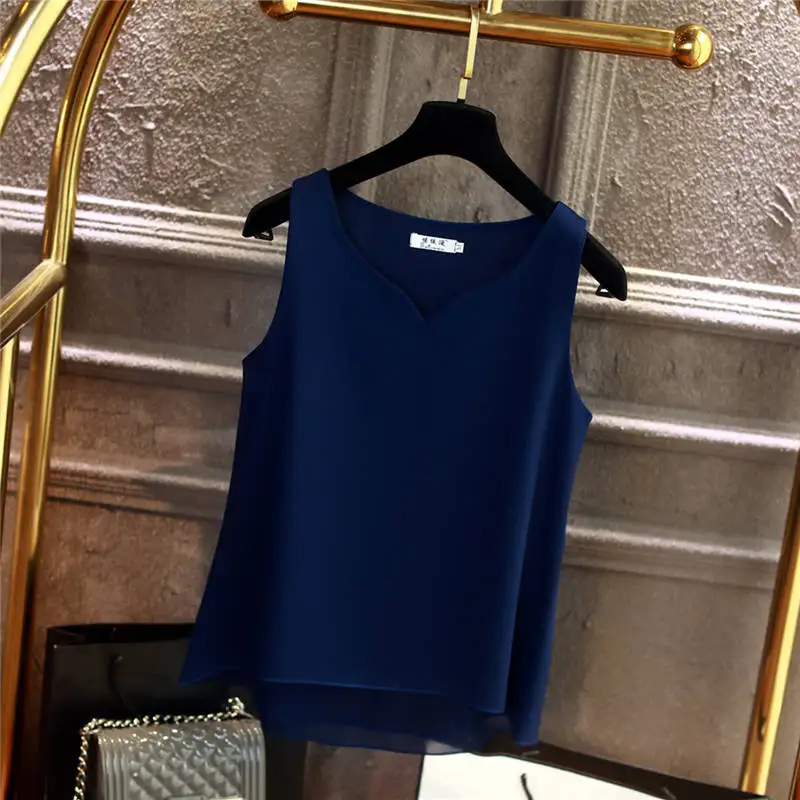 Модная новая Брендовая женская блузка Летний шифон без рукавов рубашка однотонная с v-образным вырезом Повседневная Блузка размера плюс 5XL свободные женские топы - Цвет: Navy