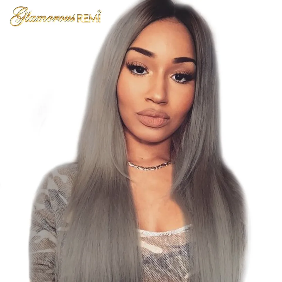 1B grey Malaysia Straight Human Hair Wigs Ombre Lace Front Wigs With