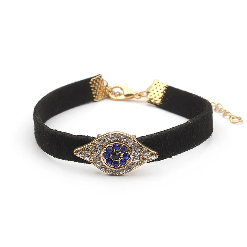 

New Style crystal paved evil eye hamsa alloy charm black leather bracelet religious bracelet
