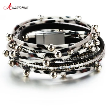

Amorcome Zebra Print Leather Bracelets For Women 2019 Fashion Design Beads Charm Multilayer Wrap Bracelets & Bangles Jewelry
