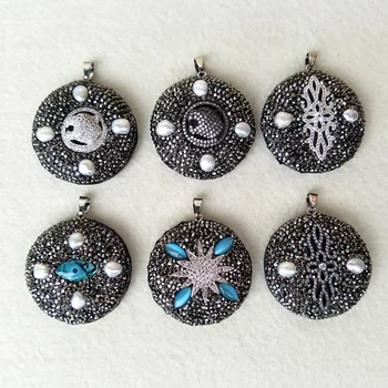 

5pcs clay leather Pendant,with zircon rhinestone crystal pearl Paved charm,Jewelry finding DIY necklace making PD585