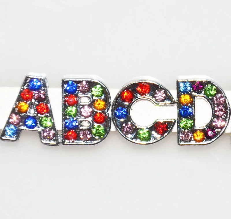 

Free Shipping, 130pcs 8mm Mixed Color Rhinestone A-Z Slide Letters, Slide Charms, Slide Beads DIY 8mm Wristbands, Keychains