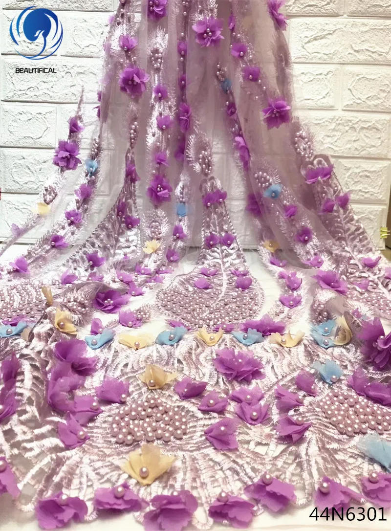

Beautifical 3d lace applique nigerian net lace fabric 3d flowers lace 3d beaded lace fabric with lots beads and flowers 44N63