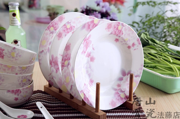 Набор из 12 предметов, набор посуды из фарфора, розовая роза, китайский стиль, керамическая посуда, столовый сервиз, Столовые сервизы