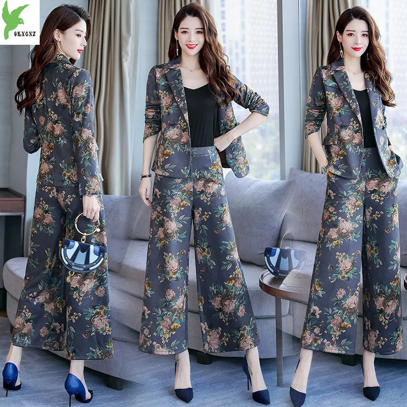

2018 Autumn New Women's Suit Work Fashion Pant Suits 2 Piece Set Printing Jacket & Trouser Office Lady Suit Feminino OKXGNZ