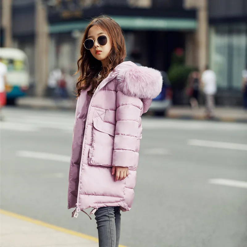 

New 2018 Fashion Children Winter Jacket Girl Winter Coat Kids Warm Thick Fur Collar Hooded long down Coats For Teenage 4Y-14Y
