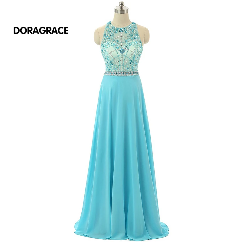 

New Arrival Beaded Evening Dresses Floor-Length Long Chiffon Blue Evening Gowns robe de soiree DGE001
