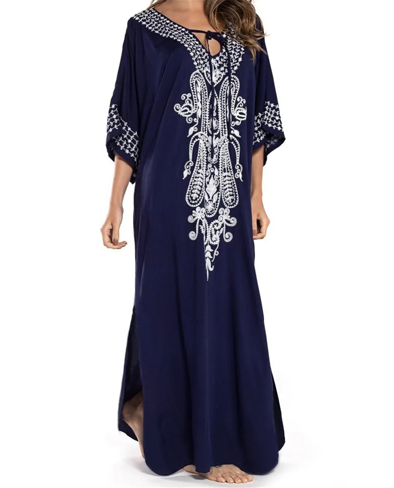 Индийское народное летнее пляжное платье на шнуровке с v-образным вырезом и рукавом летучая мышь, хлопковая туника, женская пляжная одежда, Кафтан Макси платье, халат саронг