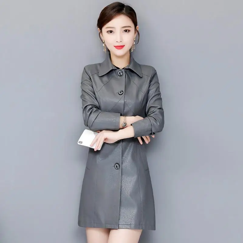 New Women Sheepskin Vintage Genuine Sheep Leather Jacket Lady Spring Turn-down Collar Single Breasted Long Plus Size Slim Coats