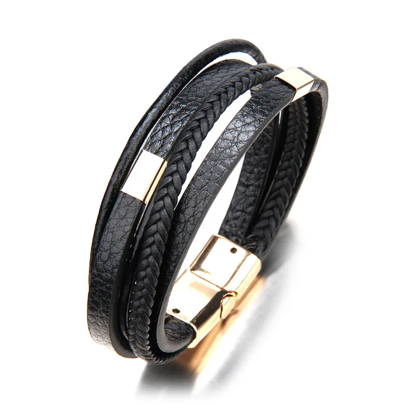 Винтажный кожаный браслет для мужчин из нержавеющей стали с магнитной застежкой Плетеный многослойный браслет на запястье