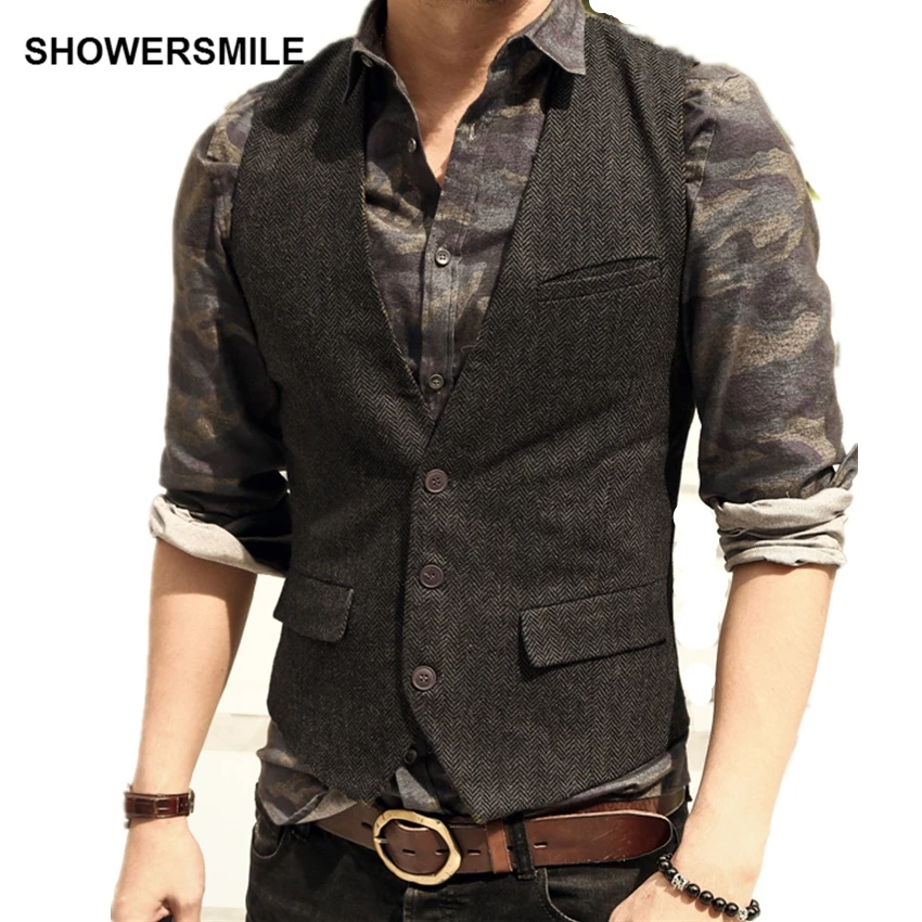 

SHOWERSMILE Herringbone Striped Grey Suit Vest Single Breasted Vintage Waistcoat Men England Style Autumn Plus Size Gilet Homme